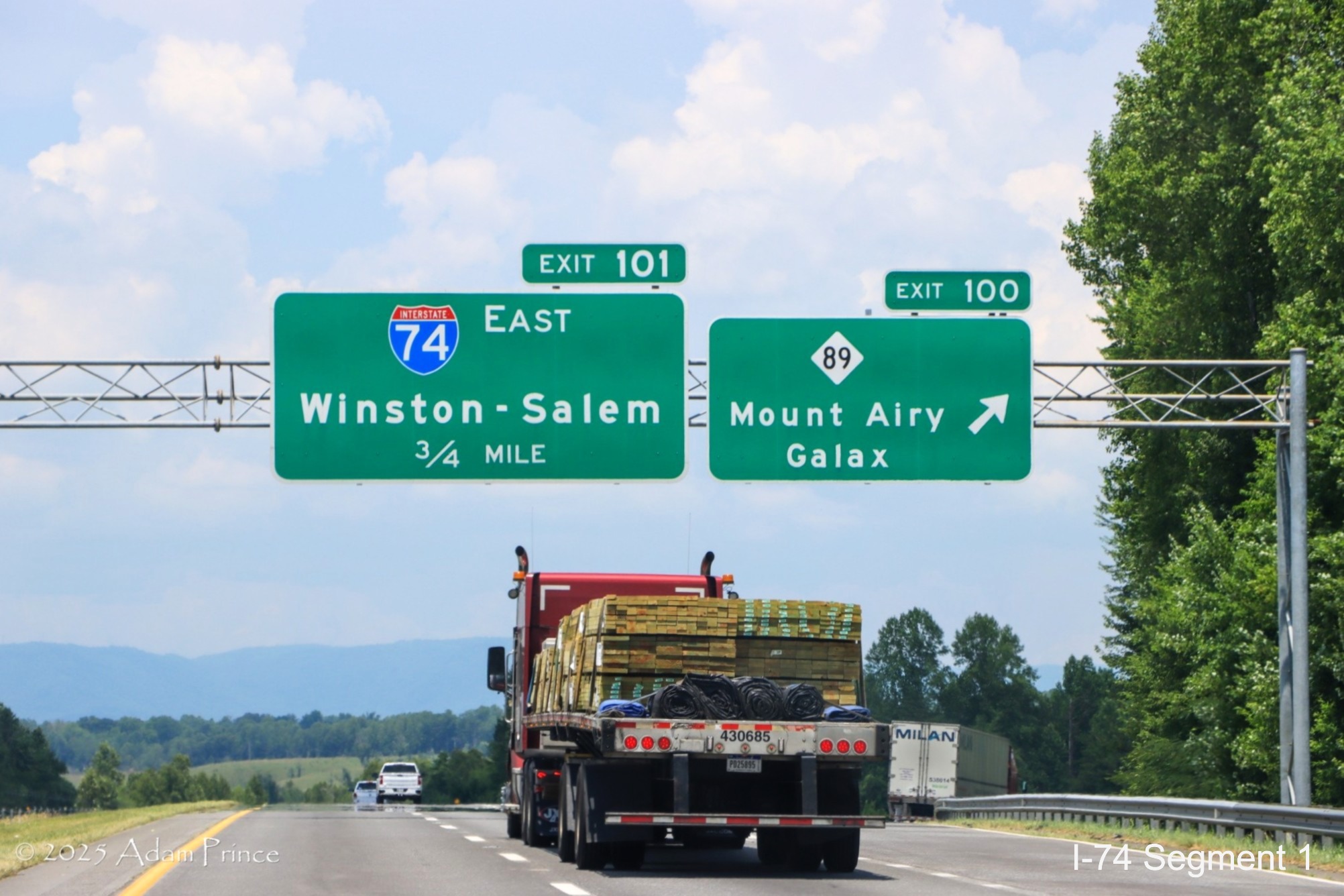 Image of I-74 East on overhead signage at NC 89 exit in Surry 
	  County, Adam Prince, June 2025