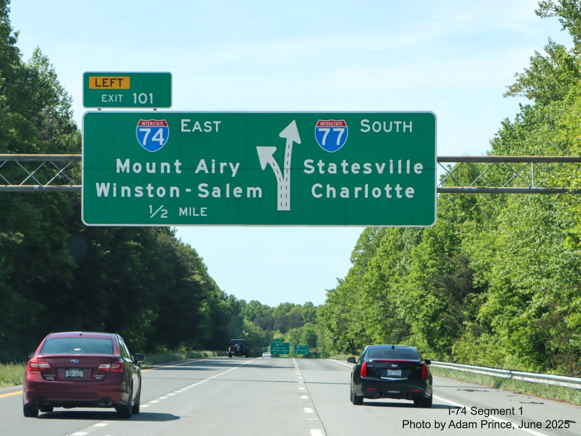 Image of I-74 East on overhead signage at NC 89 exit in Surry 
	  County, Adam Prince, June 2025