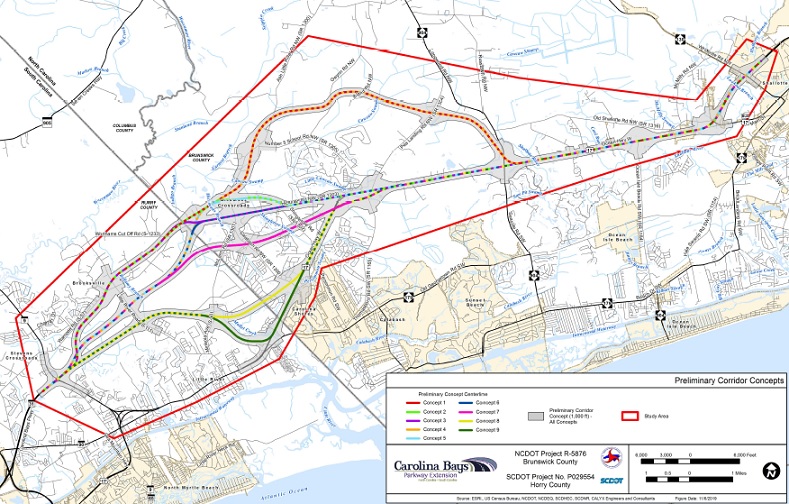 NCDOT map of 9 alternative corridors for Carolina Bays Parkway 
	  Extension (Future I-74) project published in Dec. 2019