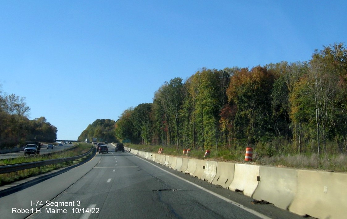 Image of widening of US 52 North lanes approaching the Westinghouse Road exit in 
	  anticipation of completion of I-74/Winston-Salem Northern Beltway interchange project in Rural Hall, October 2022