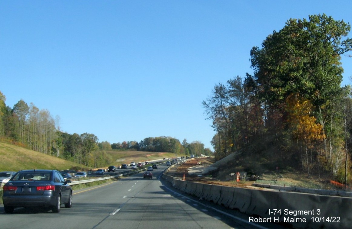 Image of US 52 South lanes being widened south of Westinghouse Road exit in 
        anticipation of completion of I-74/Winston-Salem Northern Beltway interchange project in Rural Hall, October 2022