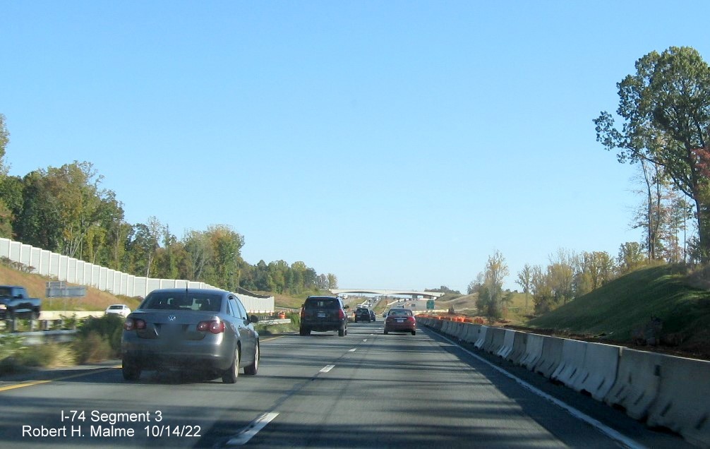 Image of US 52 South lanes being widened approaching NC 65 exit in 
        anticipation of completion of I-74/Winston-Salem Northern Beltway interchange project in Rural Hall, October 2022