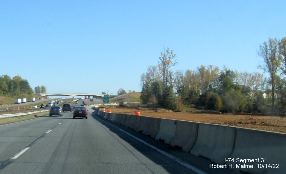 Image of end of widening along US 52 South at NC 65 exit in 
        anticipation of completion of I-74/Winston-Salem Northern Beltway interchange project in Rural Hall, October 2022
