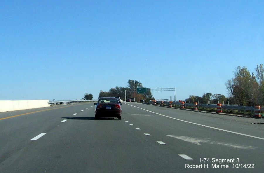 Image of new US 52 South lanes after the NC 65 bridge approaching the future 
       I-74 East/Winston-Salem Northern Beltway interchange in Rural Hall, October 2022
