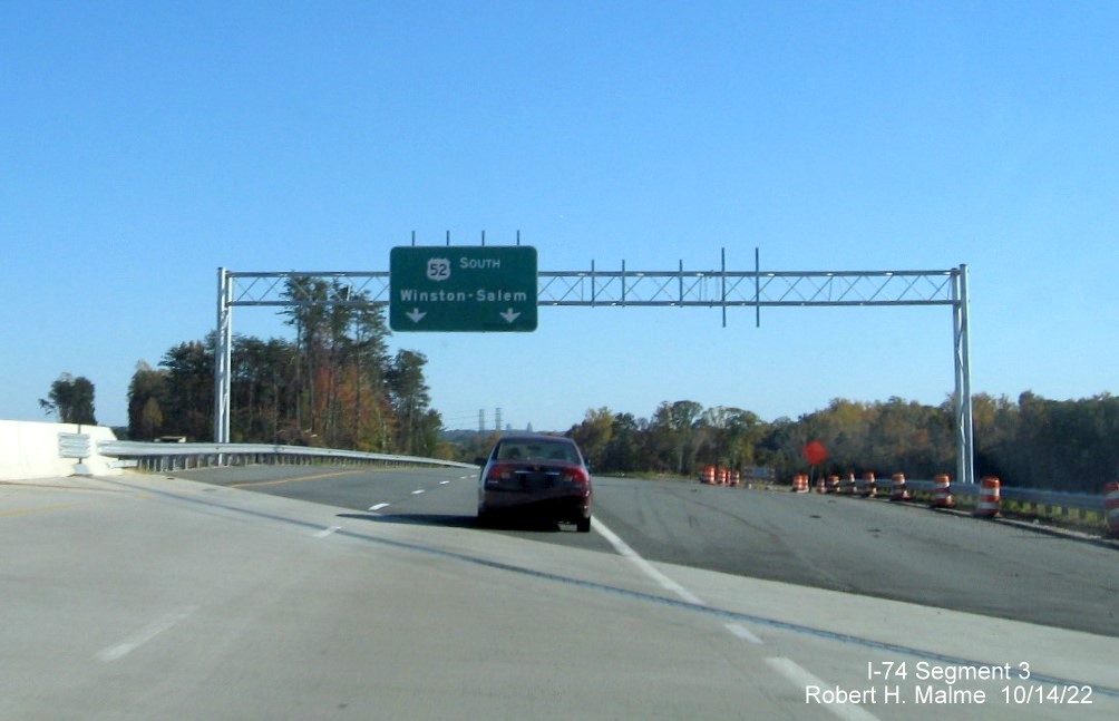 Image of signage on US 52 South at the future 
       I-74 East/Winston-Salem Northern Beltway interchange in Rural Hall, October 2022