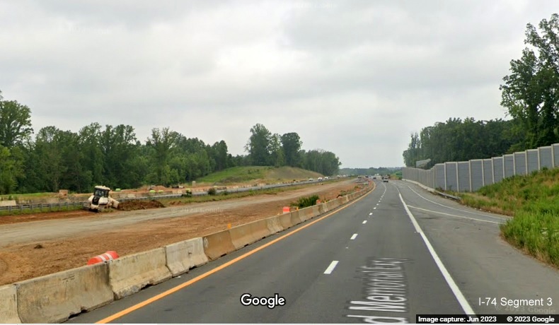 Image of US 52 North lanes under construction approaching on-ramp from NC 65 as 
	  part of Winston-Salem Northern Beltway interchange project, Google Maps Street View, June 2023