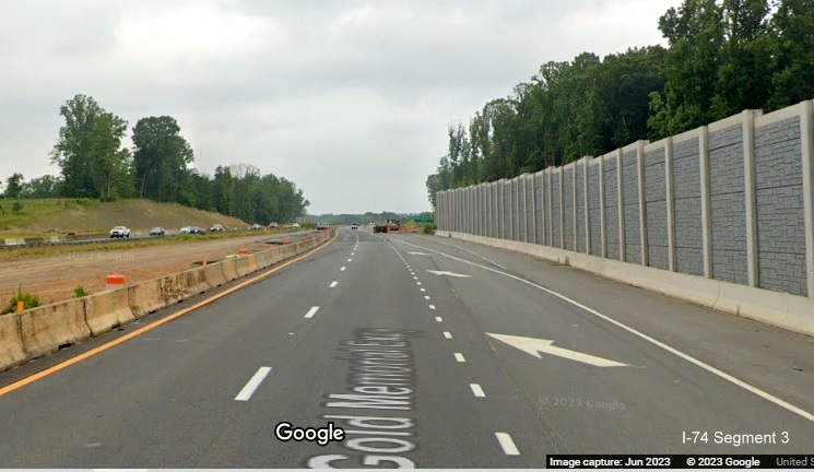 Image of US 52 North lanes under construction after NC 65 exit as part of 
       Winston-Salem Northern Beltway interchange project, Google Maps Street View, June 2023