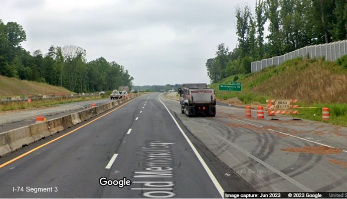 Image of US 52 North lanes under construction between NC 65 and Westinghouse 
	  Road as part of Winston-Salem Northern Beltway interchange project, Google Maps Street View, June 2023