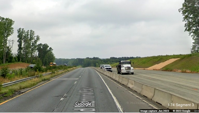 Image of US 52 North lanes under construction between NC 65 and Westinghouse Road 
	  as part of Winston-Salem Northern Beltway interchange project, Google Maps Street View, June 2023