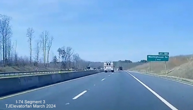 Dashcam video image of US 52 North 1 mile from the Westinghouse Road exit, video by 
        TJElevatorfan, posted March 16, 2024