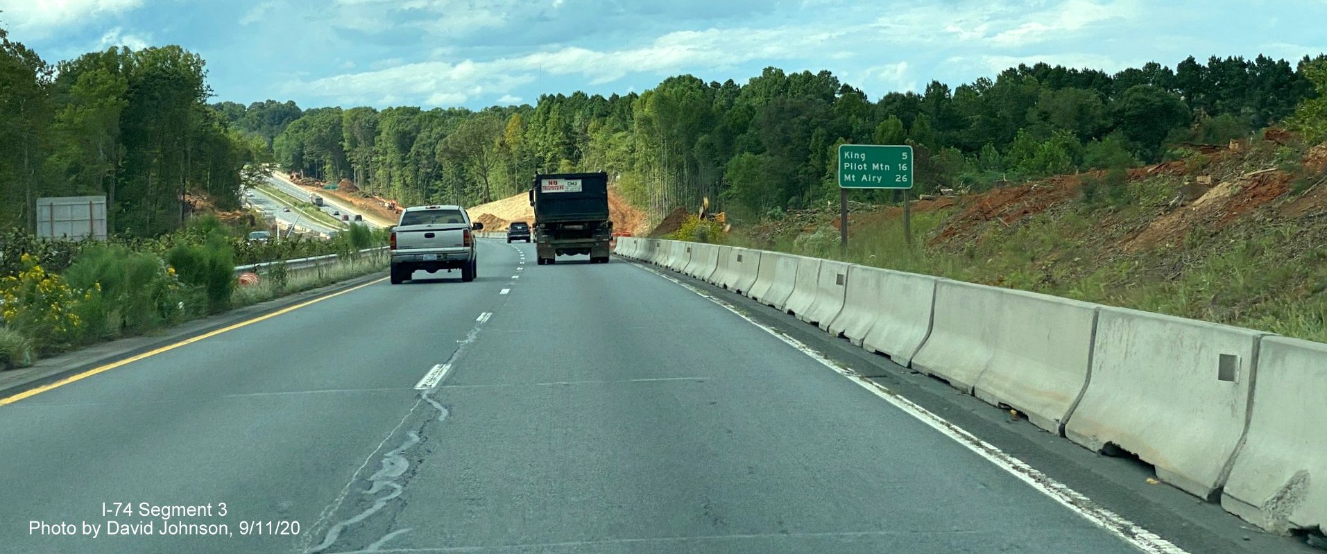 Image of widening work along US 52 as part of future I-74 Winston Salem Northern Beltway interchange 
	  construction, by David Johnson September 2020