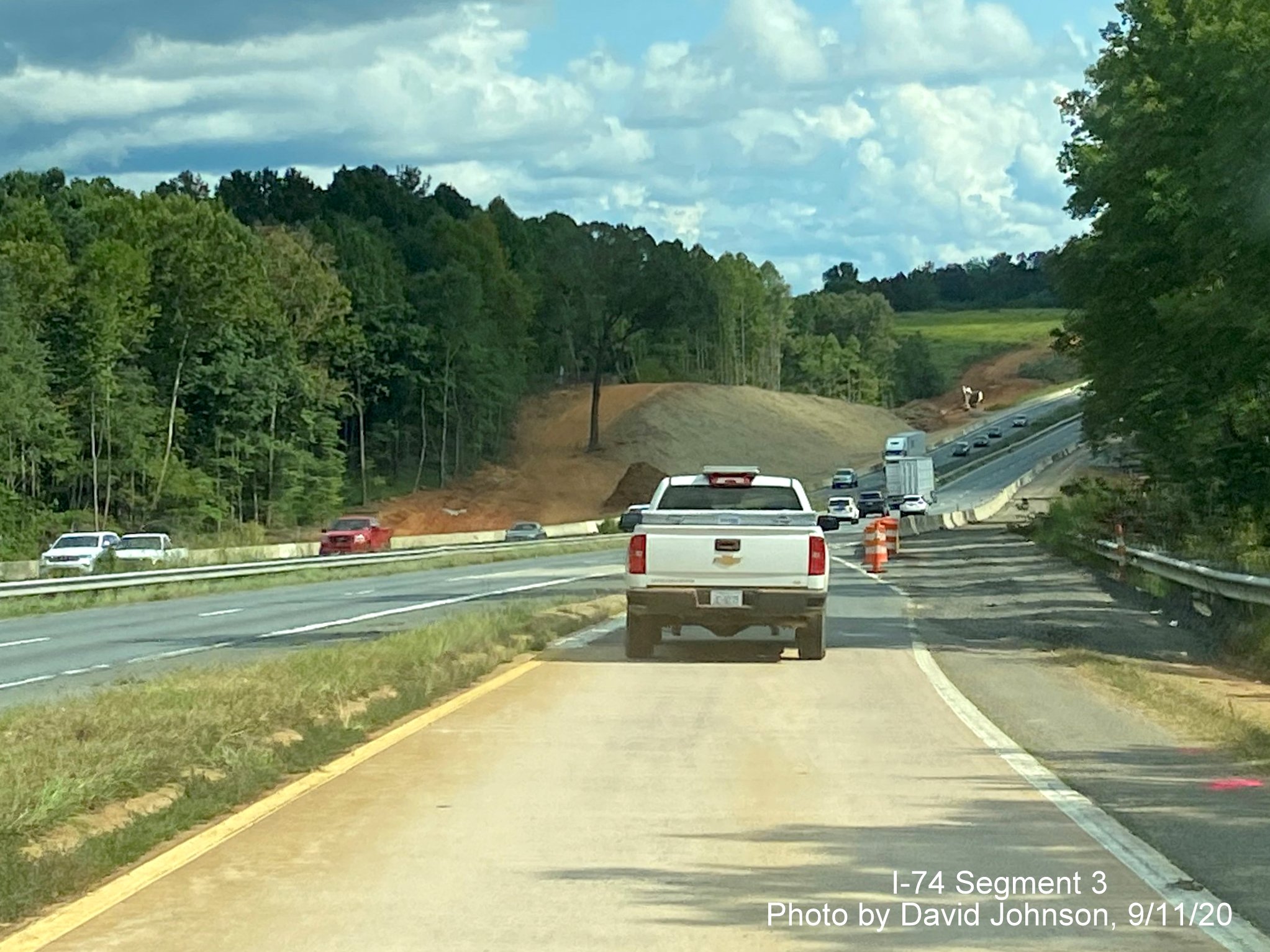 Image of widening work along US 52 South after Westinghouse Road exit as part of future I-74 Winston 
	  Salem Northern Beltway interchange construction, by David Johnson September 2020
