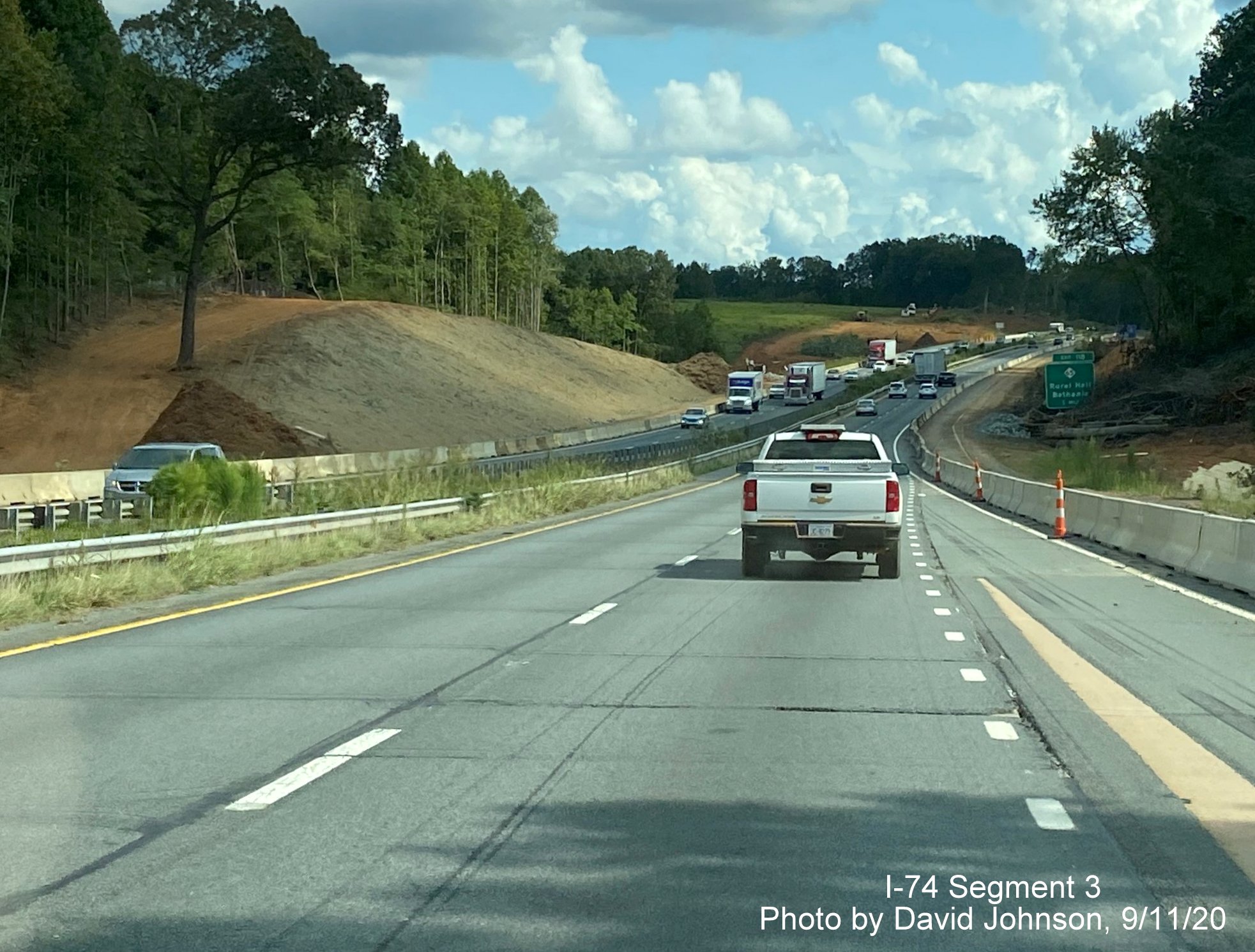 Image of widening work along US 52 South after Westinghouse Road exit as part of future I-74 Winston 
	  Salem Northern Beltway interchange construction, by David Johnson September 2020