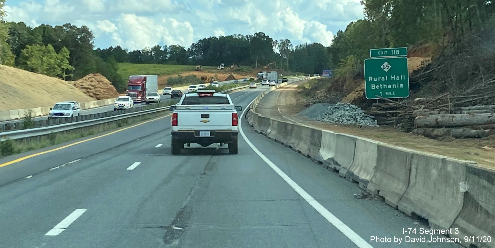 Image of widening work along US 52 South 1 mile before NC 65 exit as part of future I-74 Winston Salem 
	  Northern Beltway interchange construction, by David Johnson September 2020
