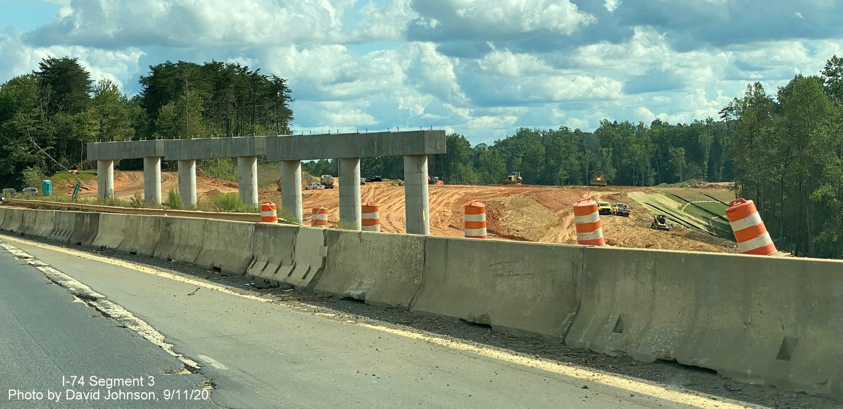 Image of bridge supports as seen from US 52 South as part of future I-74 Winston Salem Northern Beltway 
	  interchange construction, by David Johnson September 2020