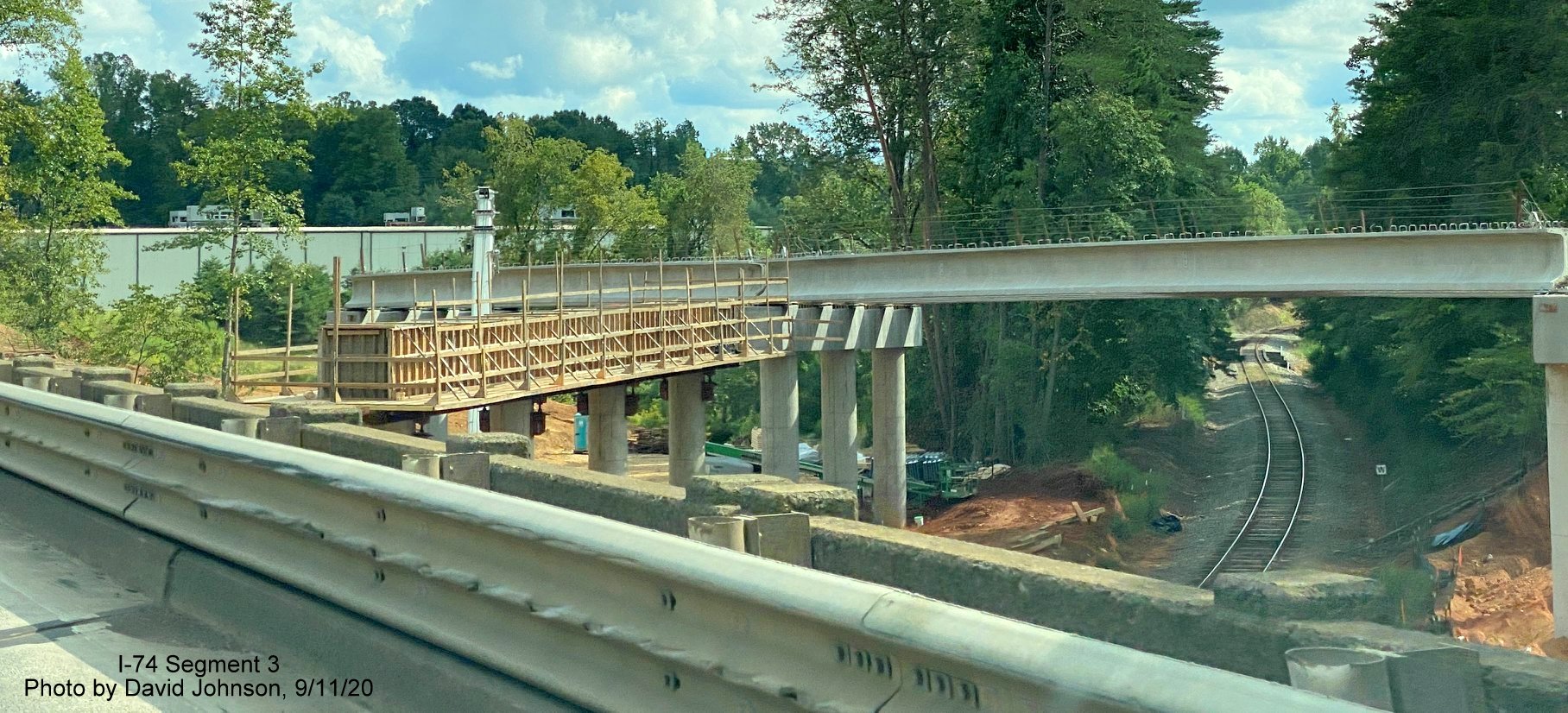 Image of future US 52 South bridge over railroad tracks being constructed, part of future I-74 Winston 
	  Salem Northern Beltway interchange construction, by David Johnson September 2020