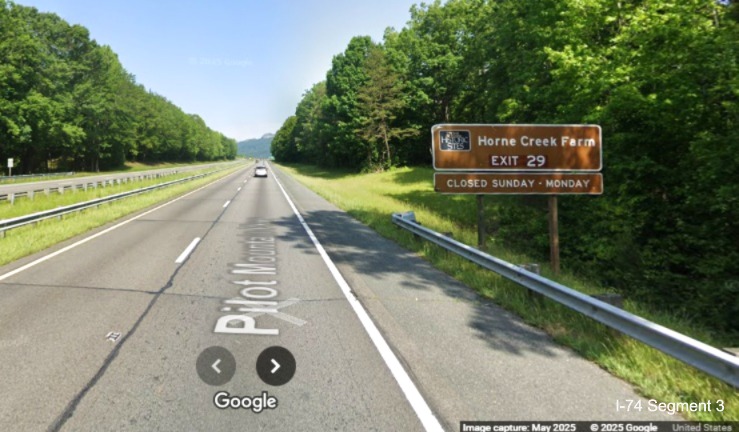 Image of revised new exit number auxiliary sign for the Pinnacle exit on
US 52 North (Future I-74 West), Google Maps Street View