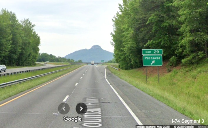 Image of revised exit sign with new I-74 milepost number for the Pinnacle exit on
US 52 North (Future I-74 West), Google Maps Street View