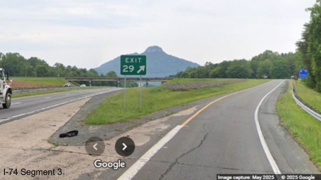 Image of revised gore sign for the Pinnacle exit on
US 52 North (Future I-74 West), Google Maps Street View