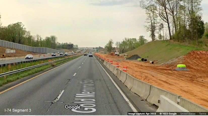 Image of widening work prior to the NC 65 exit in construction zone for future I-74/
	  Winston-Salem Beltway on US 52 South (Future I-74 East), Google Maps Street View, April 2023