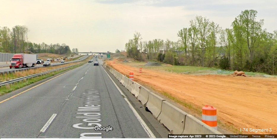 Image lane widening work prior to NC 65 exit in construction zone for future I-74/
	  Winston-Salem Beltway on US 52 South (Future I-74 East), Google Maps Street View, April 2023