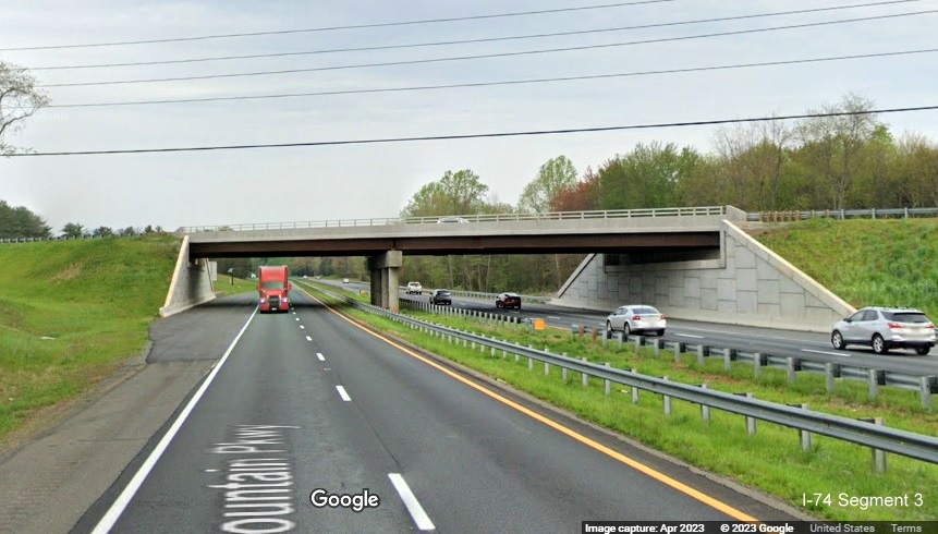 Image of completed modern standard bridge over US 52 in Stokes County, Google Maps 
	  Street View images, April 2023