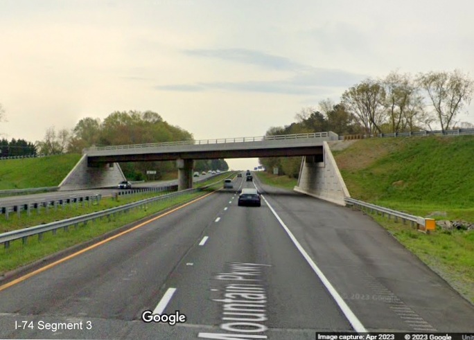 Image of completed modern standard bridge over US 52 in Stokes County, Google Maps 
	  Street View images, April 2023
