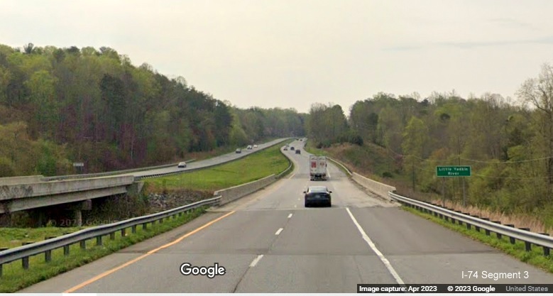 Image of completed modern standard bridge over US 52 in Surry County, Google Maps 
	  Street View images, April 2023