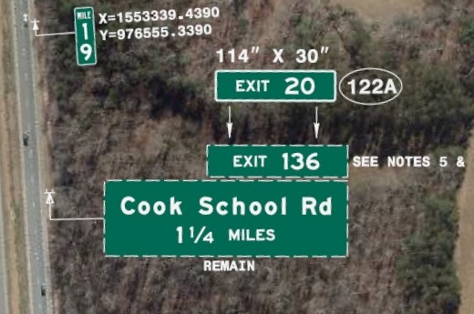Image of plan for new exit number tab with I-74 milepost number to be placed 
	  on the sign for Cook School Road exit on US 52 South in Surry County, NCDOT August 2022