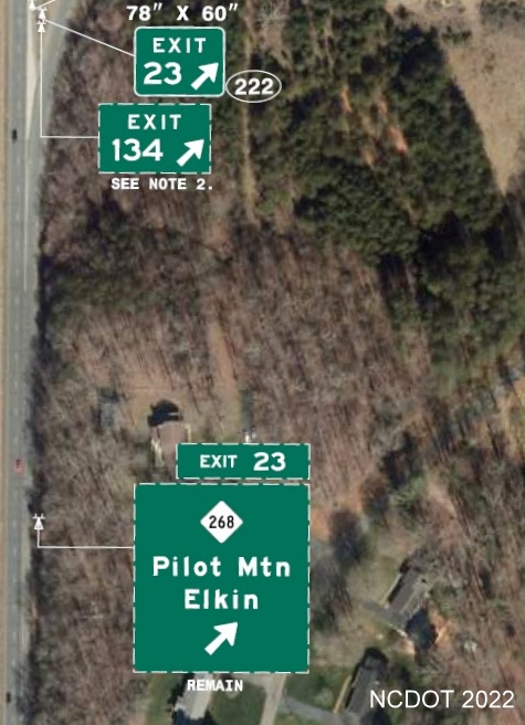 Image of plan for new exit number tab with I-74 milepost number to be placed 
	  on sign for NC 268 exit on US 52 in Surry County, NCDOT August 2022
