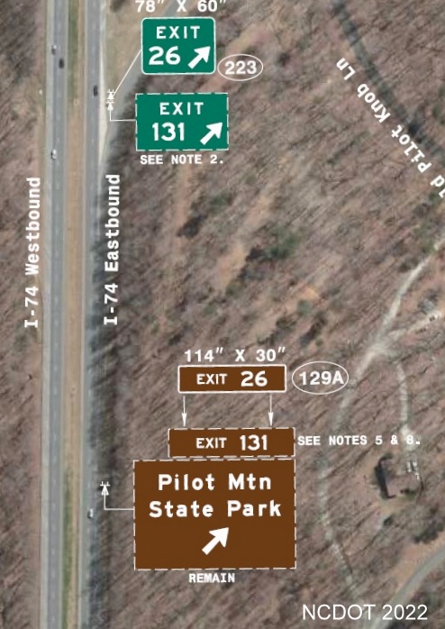Image of plan for new Left exit number tab with I-74 milepost number to 
	  be placed on sign for Pilot Mountain State Park on US 52 South in Surry County, NCDOT August 2022