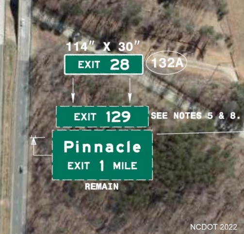 Image of plan for new exit number tab with I-74 milepost number to be placed 
	  on sign for the Pinnacle exit on US 52 in Stokes County, NCDOT August 2022
