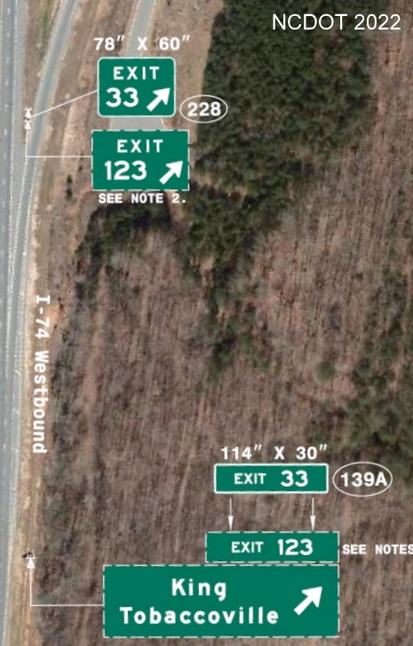 Image of plan for new exit number tab with I-74 milepost number to be placed 
	  on exit and gore sign for King Tobaccoville exit on US 52 in Forsyth County, NCDOT August 2022