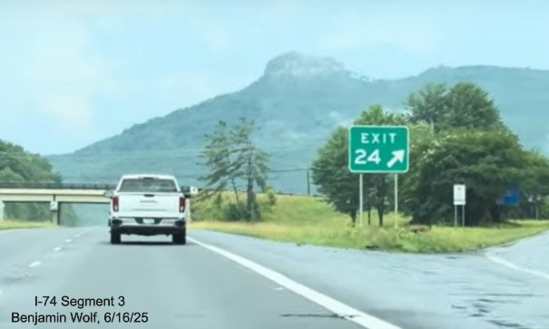 Image of renumbered gore sign for the NC 268 exit on 
	  US 52 South (Future I-74 East), screen grab from Benjamin Wolf video, June 2025