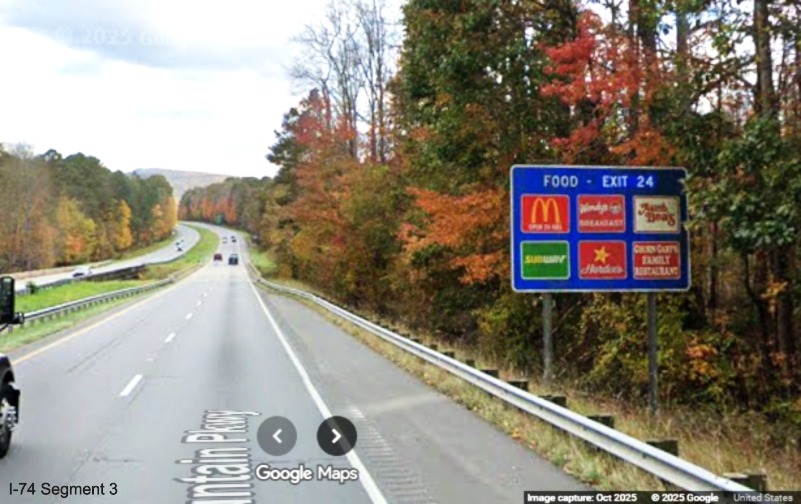 Image of renumbered blue Food Services sign for the NC 268 exit on 
	  US 52 South (Future I-74 East), Google Maps Street View, October 2025