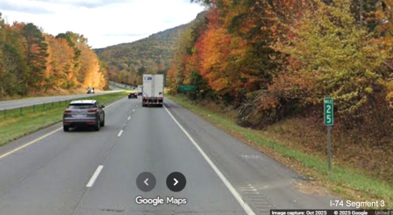 Image of new Mile 25 marker on US 52 South (Future I-74 East), Google Maps Street 
	  View, October 2025