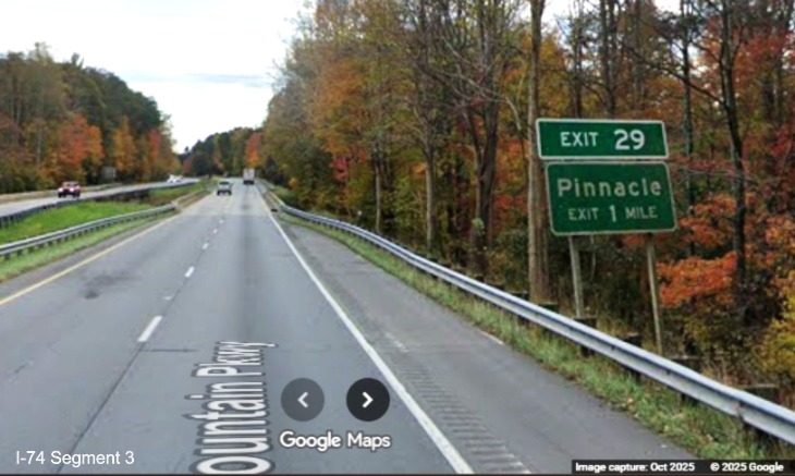 Image of renumbered ground mounted 1 mile advance sign for the Pinnacle exit 
	  on US 52 South (Future I-74 East), Google Maps Street View, November 2025
