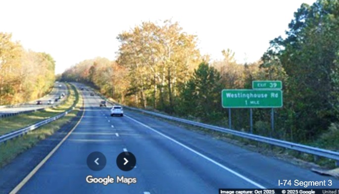 Image of renumbered ground mounted 1 mile advance sign for the Westinghouse
	  Road exit on US 52 South (Future I-74 East) in Rural Hall, Google Maps Street View, October 2025