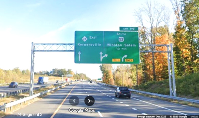 Image of renumbered overhead APL 1/2 mile advance sign for the US 52 South exit 
	  on US 52 South (Future I-74 East) in Rural Hall, Google Maps Street View, October 2025