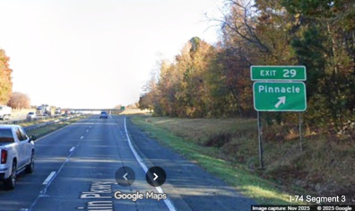 Image of renumbered ground mounted ramp sign for the Pinnacle exit 
	  on US 52 South (Future I-74 East), Google Maps Street View, November 2025