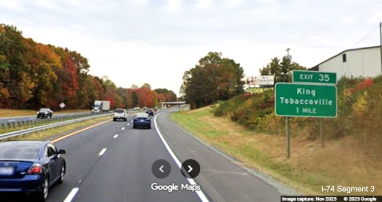 Image of renumbered 1 Mile advance sign for the King/Tobaccoville exit 
	  on US 52 South (Future I-74 East), Google Maps Street View, November 2025