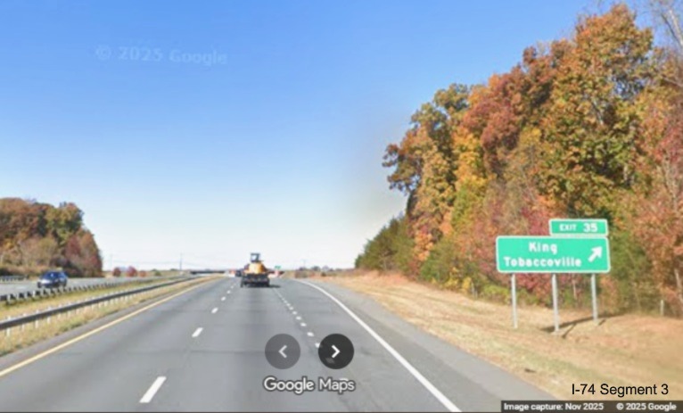 Image of renumbered exit sign for the King/Tobaccoville exit
	  on US 52 North (Future I-74 West), Google Maps Street View, November 2025