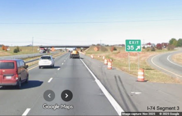 Image of renumbered gore sign for the King/Tobaccoville exit
	  on US 52 North (Future I-74 West), Google Maps Street View, November 2025