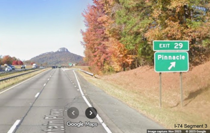 Image of renumbered ground mounted ramp sign for Pinnacle exit on US 52 North 
	  (Future I-74 West), Google Maps Street View, November 2025