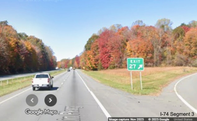 Image of renumbered gore sign for Pilot Mountain State
	  Park exit on US 52 North (Future I-74 West), Google Maps Street View, November 2025