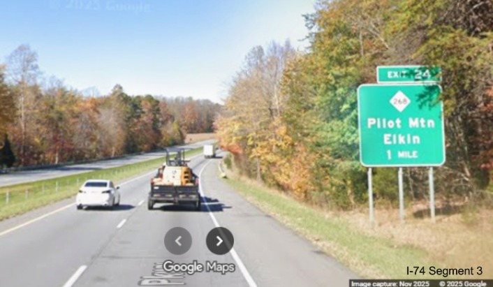 Image of renumbered ground mounted 1 mile advance sign for NC 268
	  exit on US 52 North (Future I-74 West), Google Maps Street View, November 2025