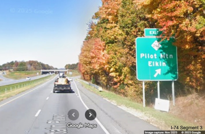 Image of renumbered ground mounted ramp sign for the NC 268
	  exit on US 52 North (Future I-74 West), Google Maps Street View, November 2025