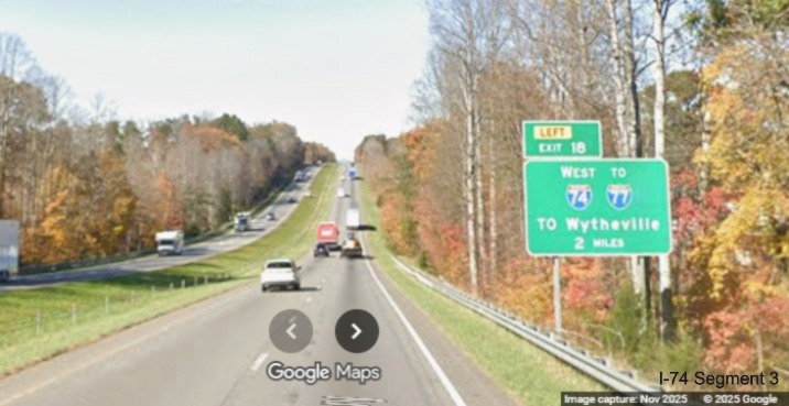Image of renumbered ground mounted 2 miles advance sign for the I-74 West
	  exit on US 52 North (Future I-74 West), Google Maps Street View, November 2025