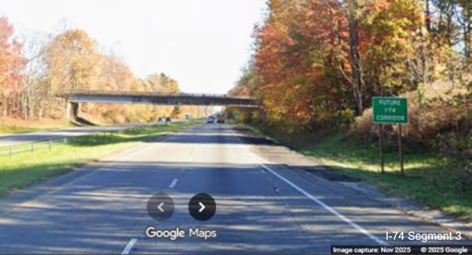 Image of first Future I-74 Corridor sign after the US 52 North exit on
	  on US 52 South (Future I-74 East), Google Maps Street View, November 2025