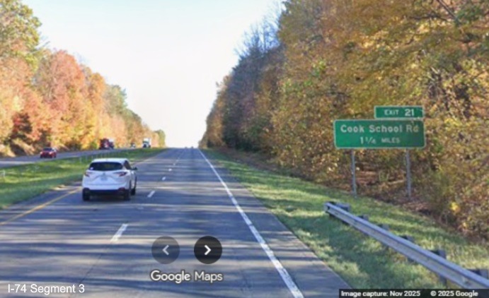 Image of newly renumbered 1 1/4 miles advance sign for the Cook School Road
	  exit on US 52 South (Future I-74 East), Google Maps Street View, November 2025